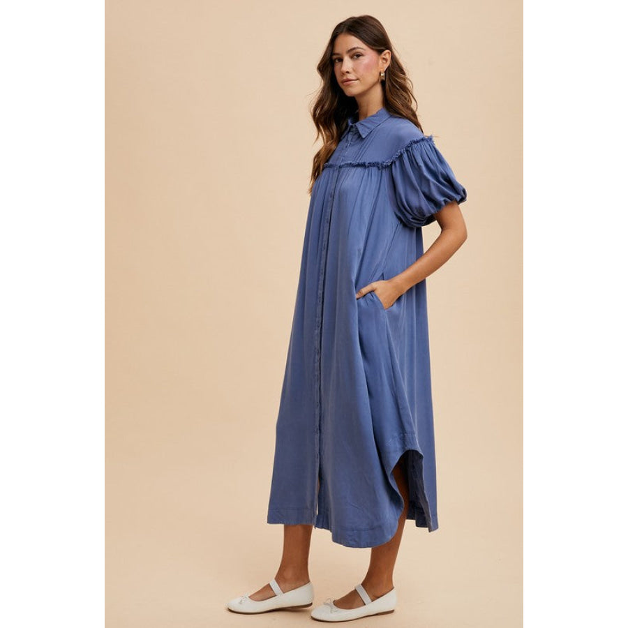 Annie Wear Mineral Washed Button Down Puff Sleeve Shirt Dress Apparel and Accessories