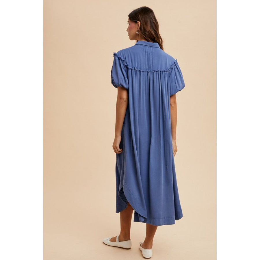 Annie Wear Mineral Washed Button Down Puff Sleeve Shirt Dress Apparel and Accessories