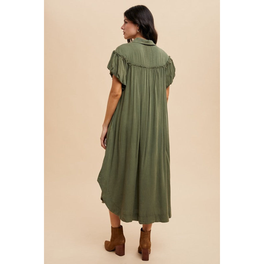 Annie Wear Mineral Washed Button Down Puff Sleeve Shirt Dress Apparel and Accessories