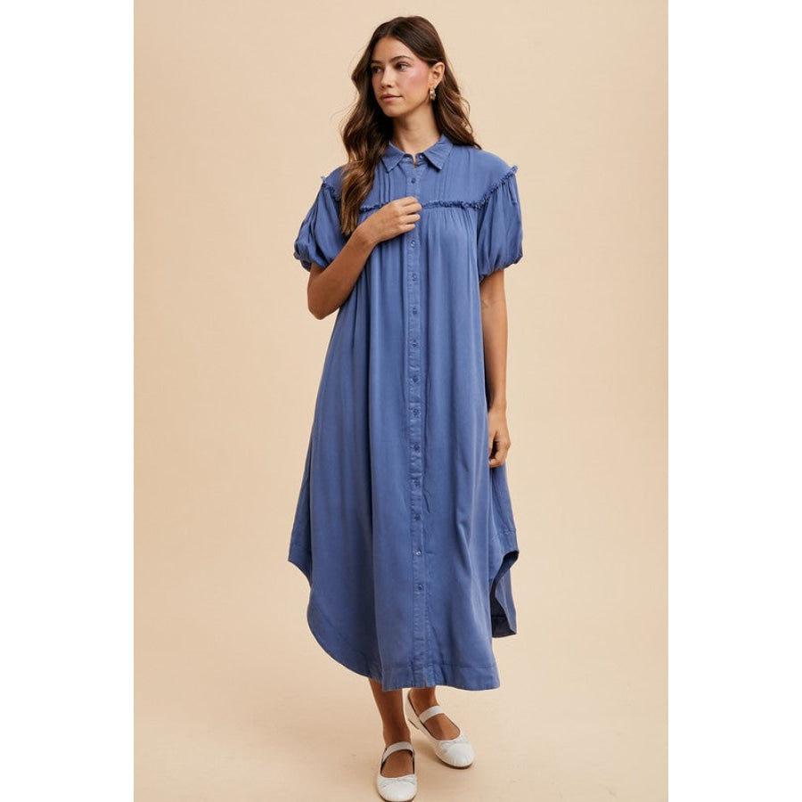 Annie Wear Mineral Washed Button Down Puff Sleeve Shirt Dress Apparel and Accessories