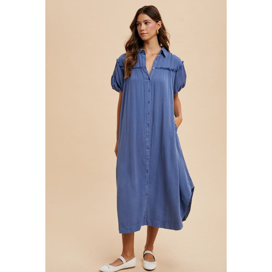 Annie Wear Mineral Washed Button Down Puff Sleeve Shirt Dress Apparel and Accessories