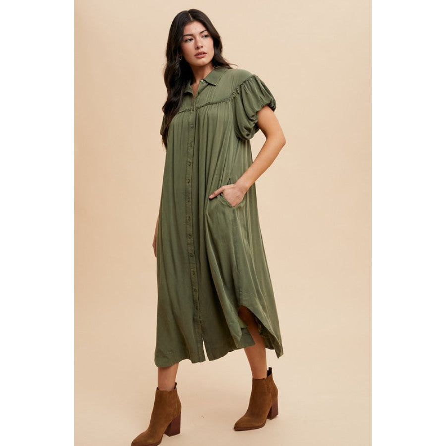 Annie Wear Mineral Washed Button Down Puff Sleeve Shirt Dress Apparel and Accessories