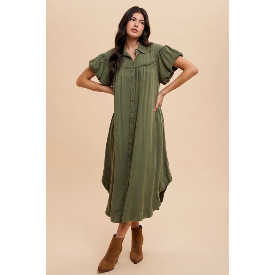 Annie Wear Mineral Washed Button Down Puff Sleeve Shirt Dress Army Green / S Apparel and Accessories