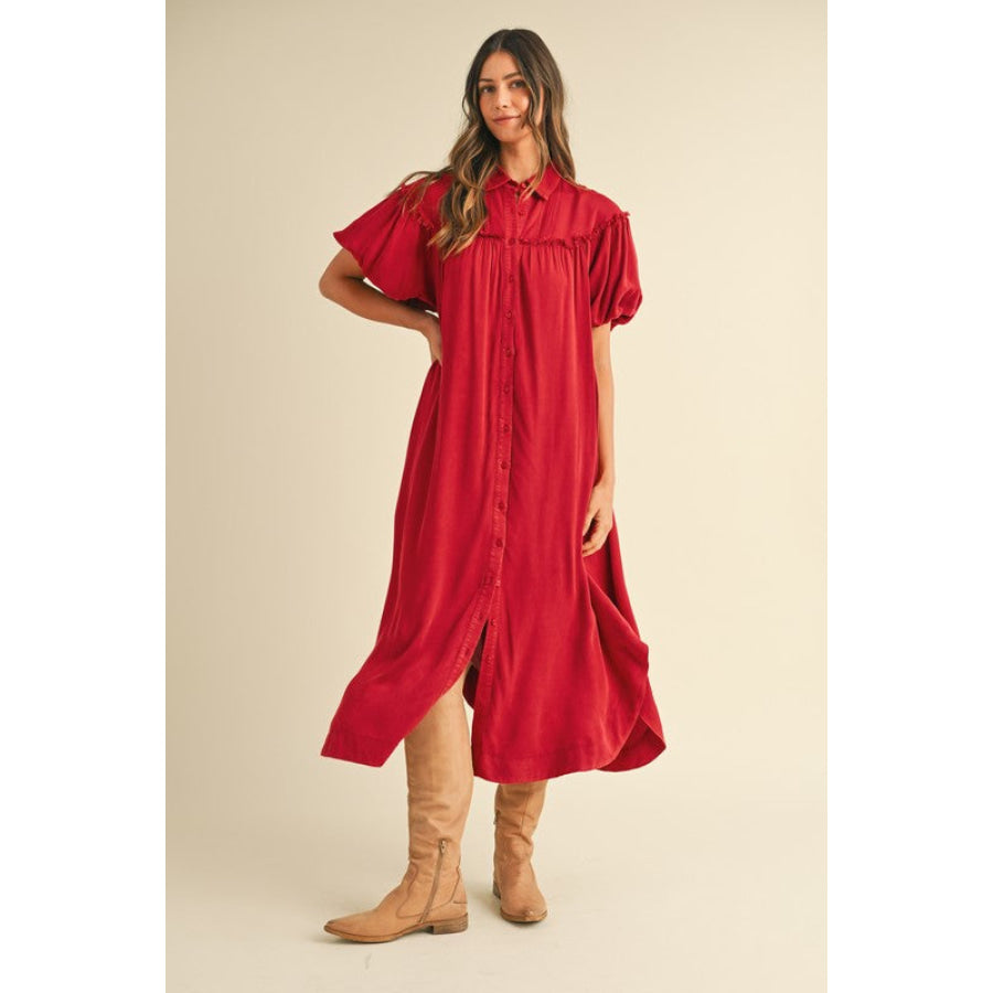 Annie Wear Mineral Washed Button Down Puff Sleeve Shirt Dress Deep Red / S Apparel and Accessories