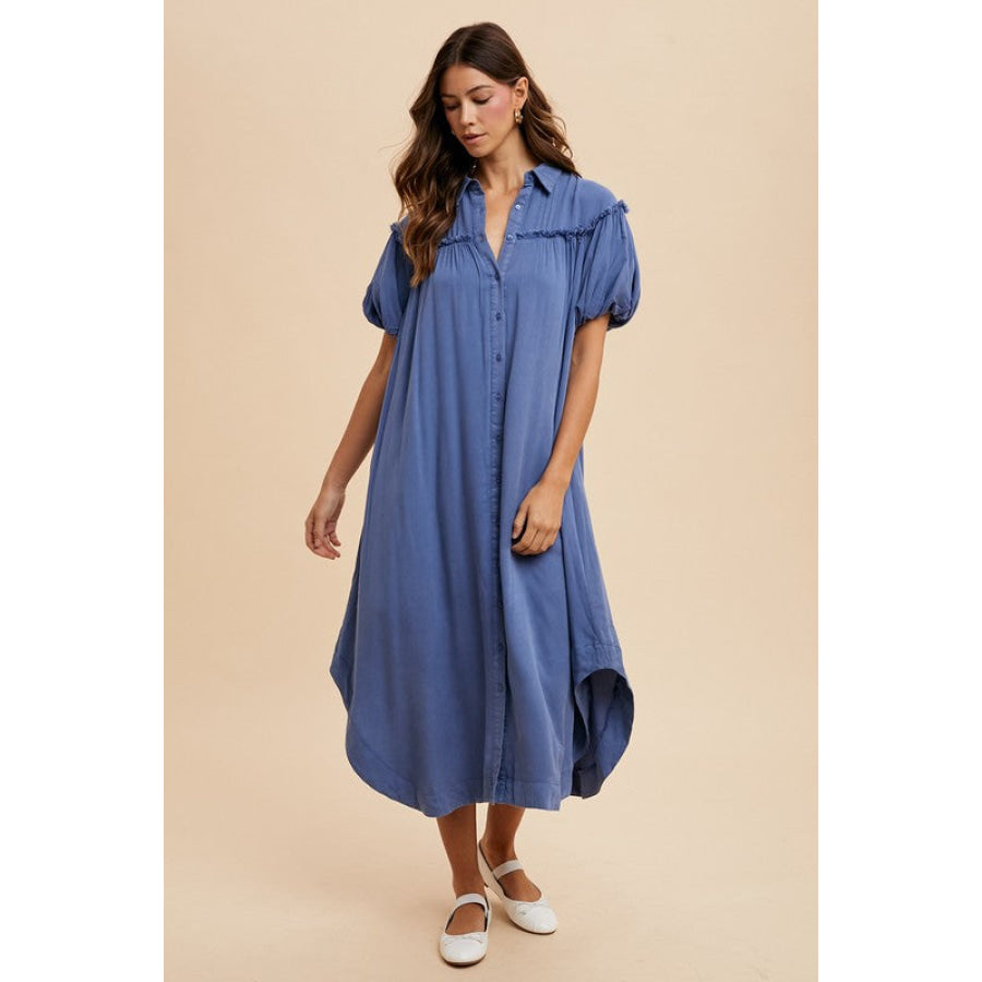 Annie Wear Mineral Washed Button Down Puff Sleeve Shirt Dress Peacock Blue / S Apparel and Accessories