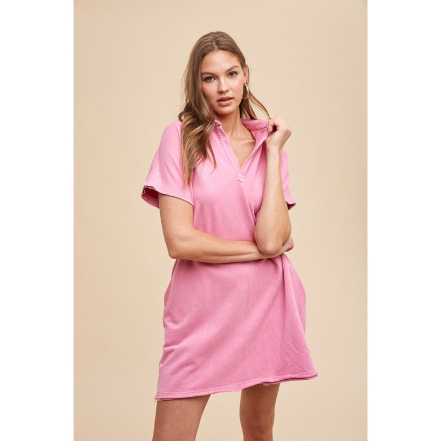 Annie Wear Mineral Washed Johnny Collar Short Sleeve Dress Apparel and Accessories