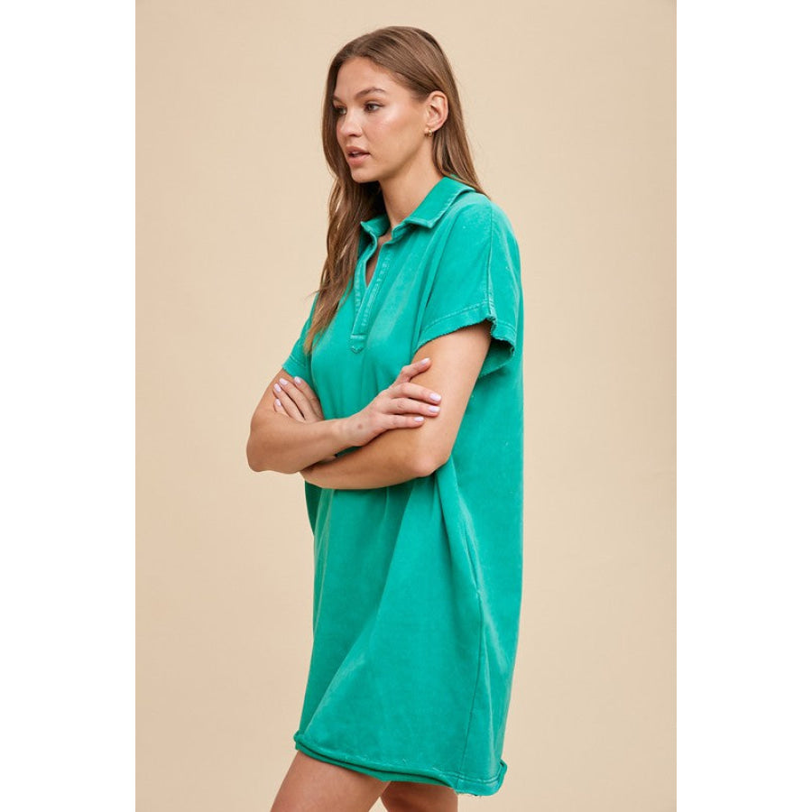 Annie Wear Mineral Washed Johnny Collar Short Sleeve Dress Apparel and Accessories