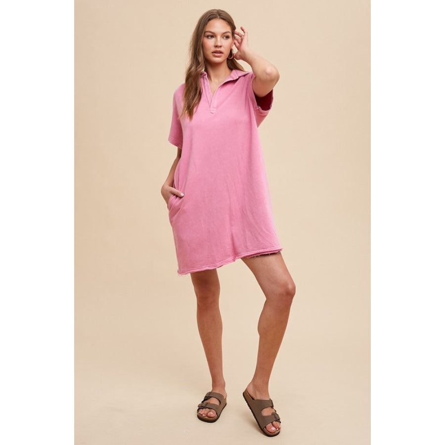 Annie Wear Mineral Washed Johnny Collar Short Sleeve Dress Apparel and Accessories