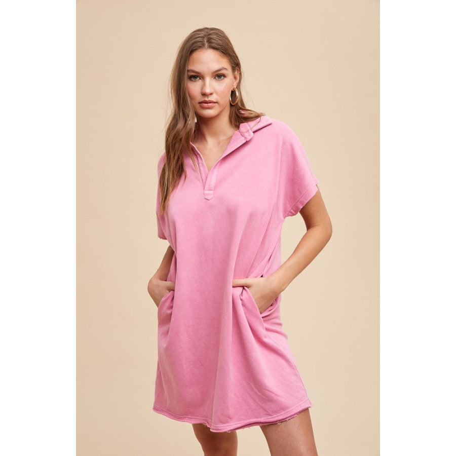 Annie Wear Mineral Washed Johnny Collar Short Sleeve Dress Apparel and Accessories