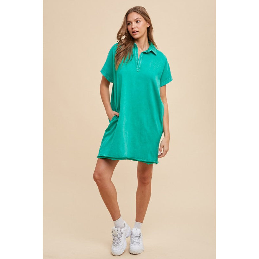 Annie Wear Mineral Washed Johnny Collar Short Sleeve Dress Apparel and Accessories