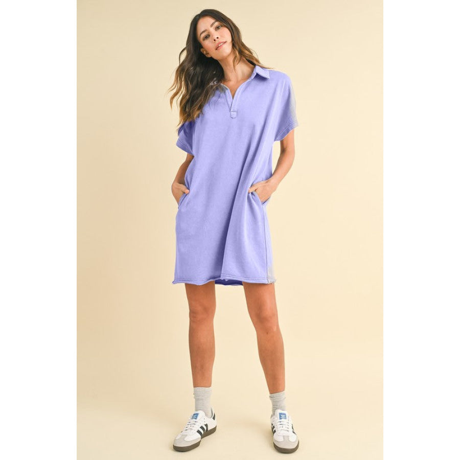 Annie Wear Mineral Washed Johnny Collar Short Sleeve Dress Apparel and Accessories