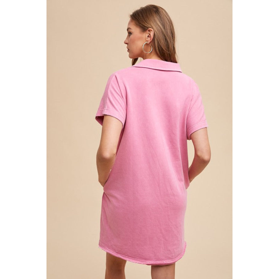 Annie Wear Mineral Washed Johnny Collar Short Sleeve Dress Fuchsia Pink / S Apparel and Accessories