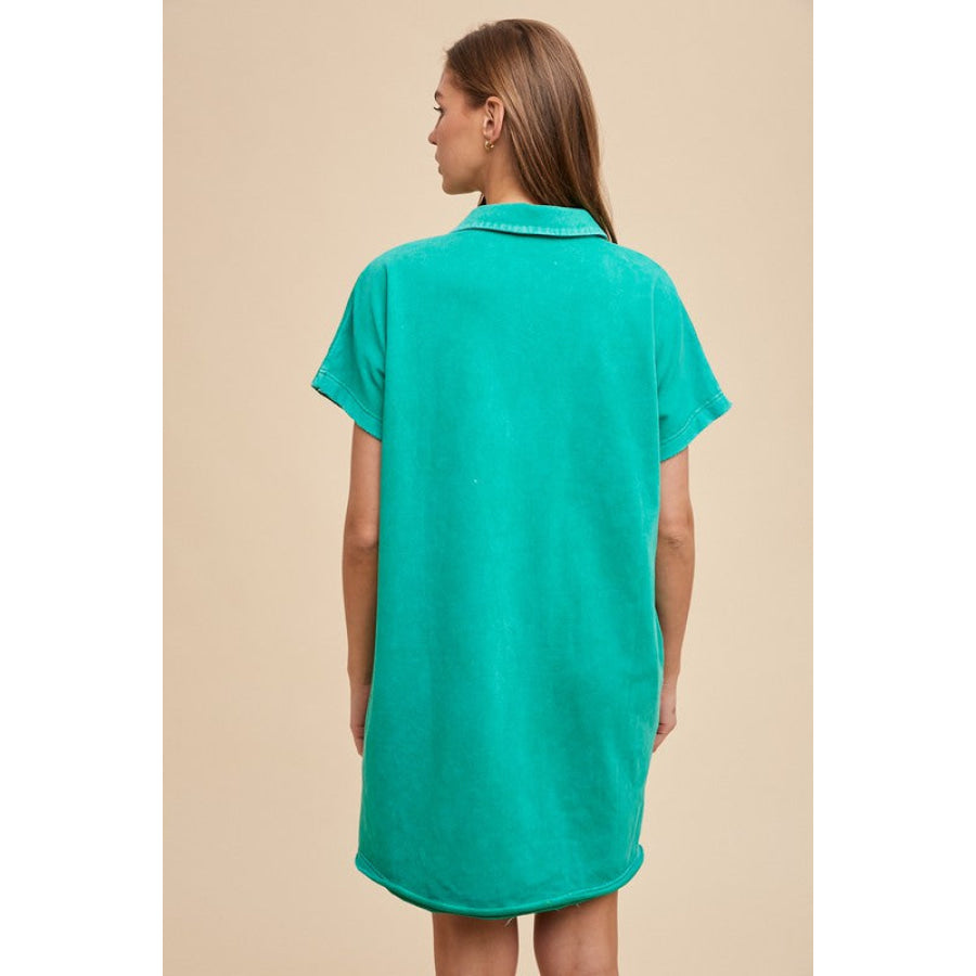 Annie Wear Mineral Washed Johnny Collar Short Sleeve Dress Apparel and Accessories