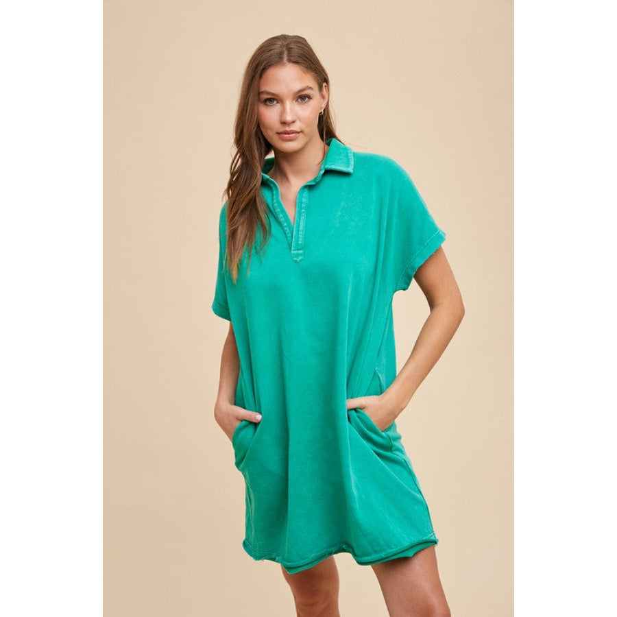 Annie Wear Mineral Washed Johnny Collar Short Sleeve Dress Apparel and Accessories