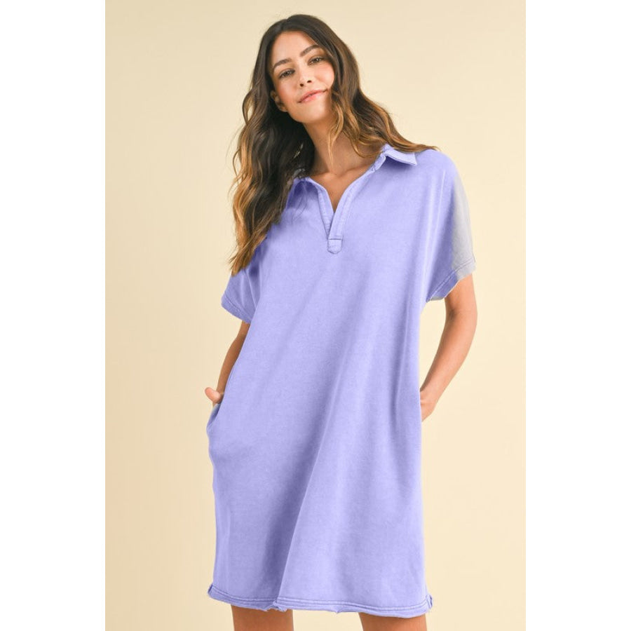 Annie Wear Mineral Washed Johnny Collar Short Sleeve Dress Blue Purple / S Apparel and Accessories