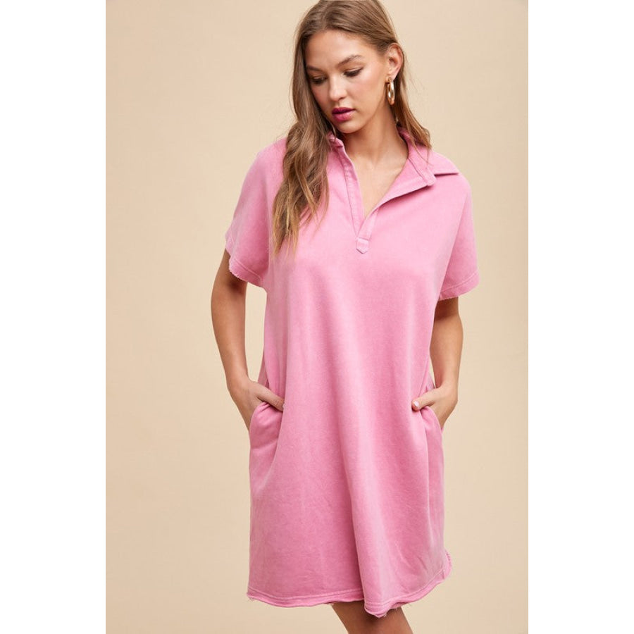 Annie Wear Mineral Washed Johnny Collar Short Sleeve Dress Fuchsia Pink / S Apparel and Accessories