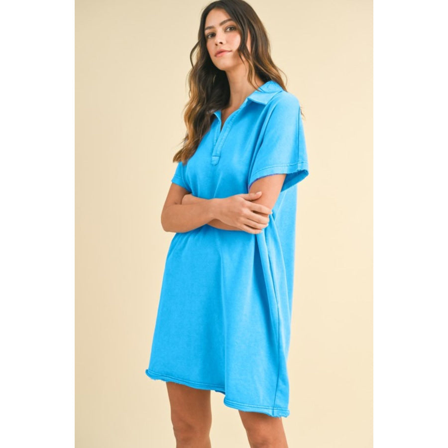 Annie Wear Mineral Washed Johnny Collar Short Sleeve Dress Sky Blue / S Apparel and Accessories