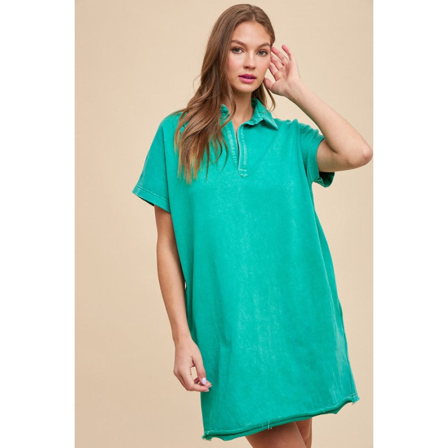 Annie Wear Mineral Washed Johnny Collar Short Sleeve Dress Turquoise / S Apparel and Accessories