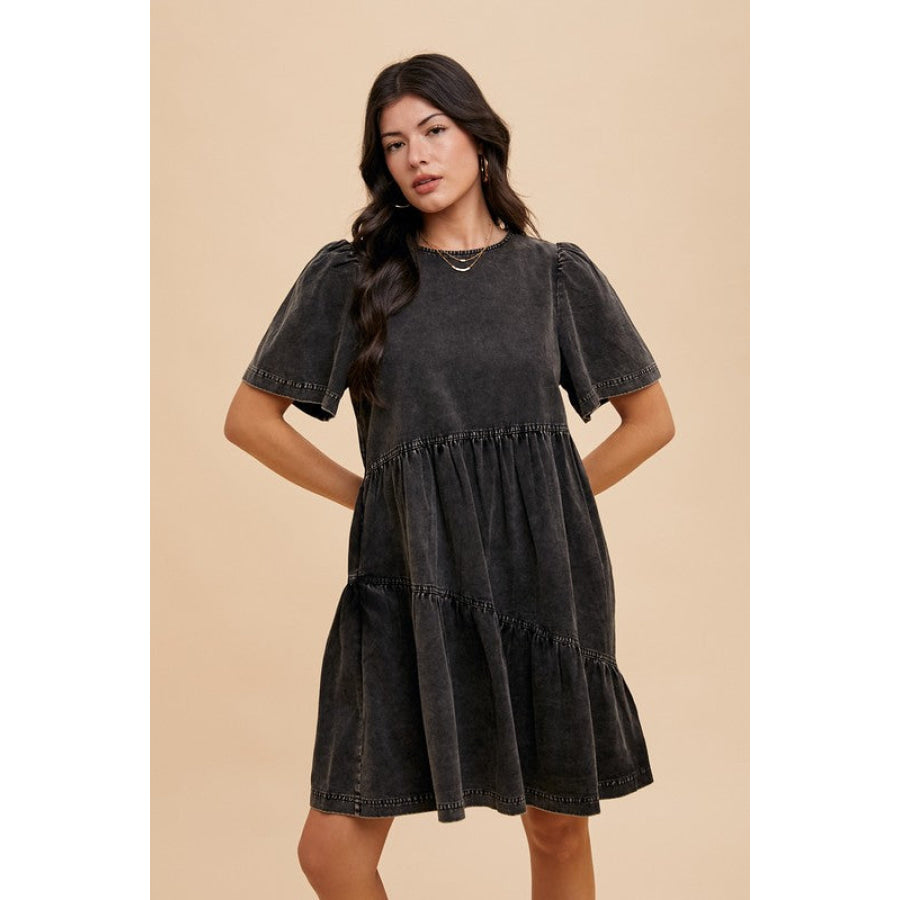 Annie Wear Mineral Washed Round Neck Short Sleeve Denim Dress Apparel and Accessories