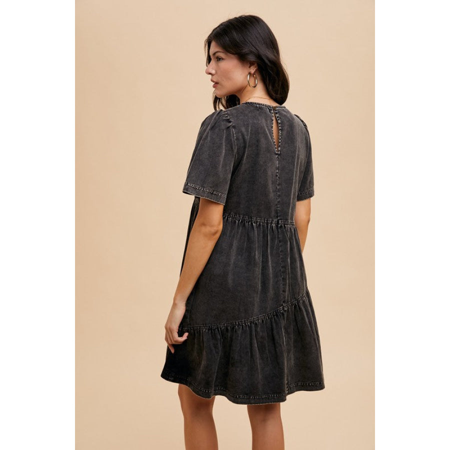 Annie Wear Mineral Washed Round Neck Short Sleeve Denim Dress Apparel and Accessories