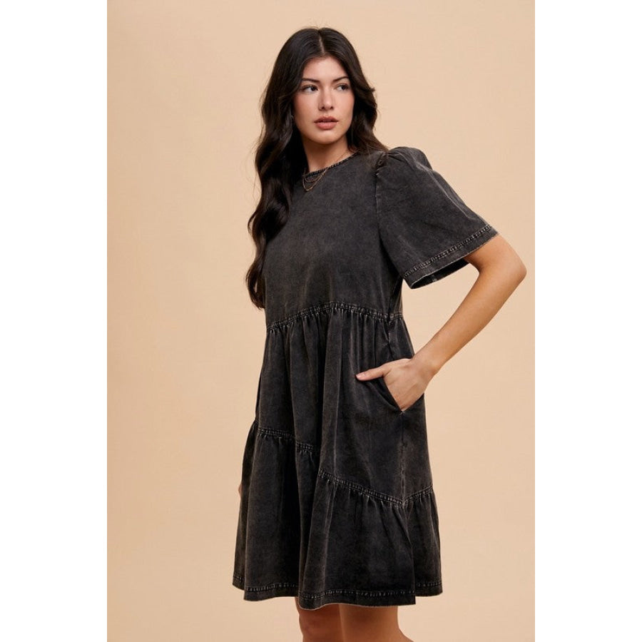 Annie Wear Mineral Washed Round Neck Short Sleeve Denim Dress Apparel and Accessories