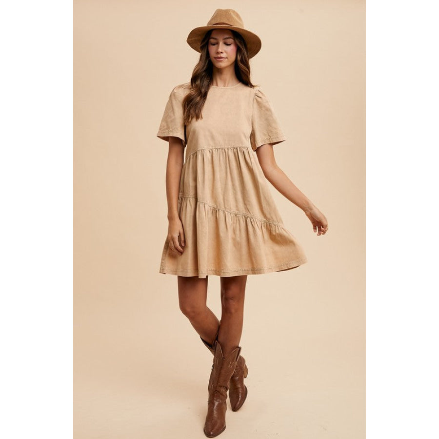 Annie Wear Mineral Washed Round Neck Short Sleeve Denim Dress Apparel and Accessories