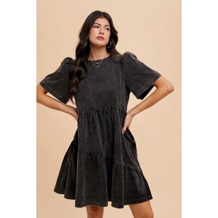 Annie Wear Mineral Washed Round Neck Short Sleeve Denim Dress Apparel and Accessories