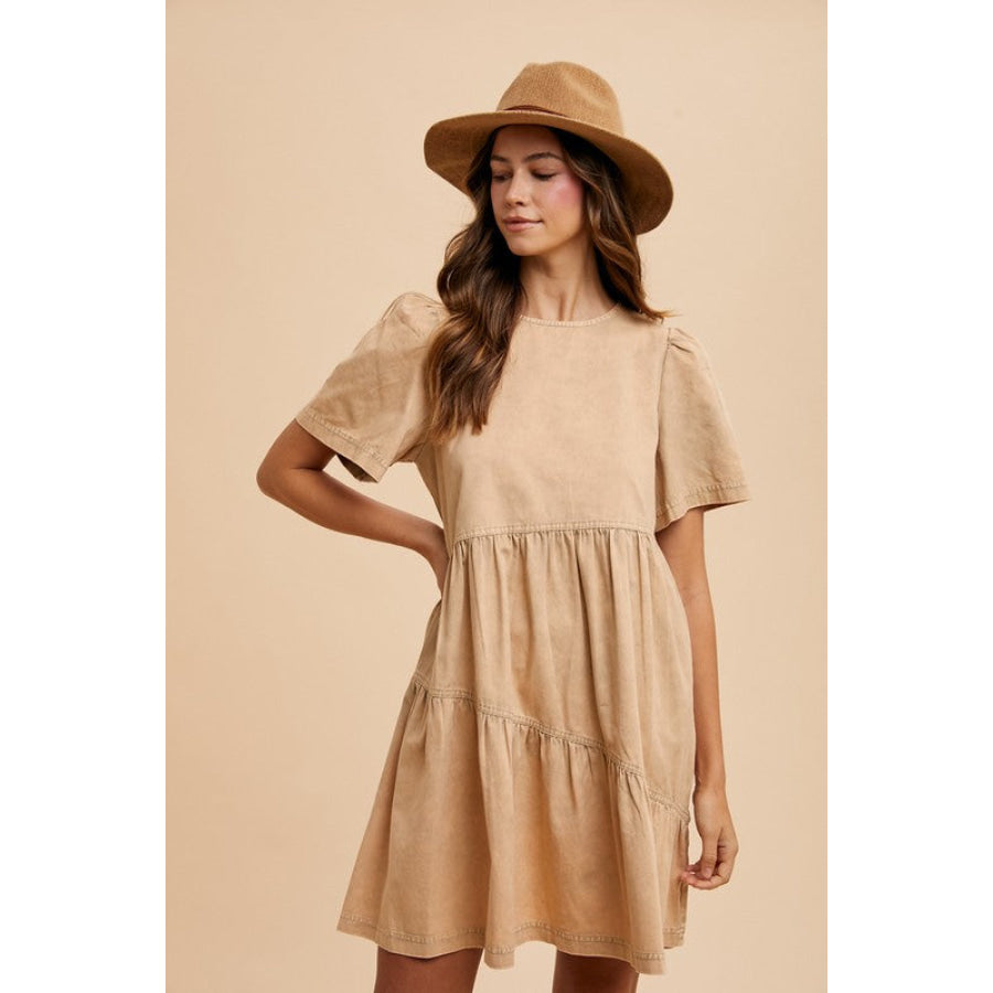 Annie Wear Mineral Washed Round Neck Short Sleeve Denim Dress Apparel and Accessories