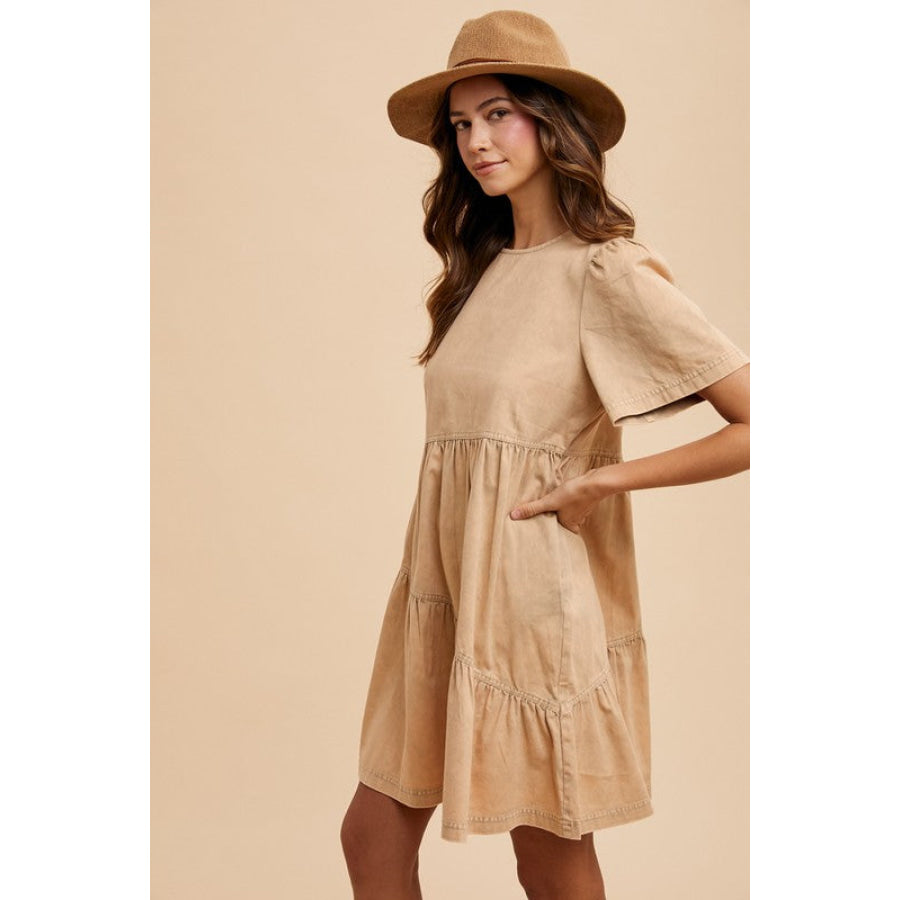 Annie Wear Mineral Washed Round Neck Short Sleeve Denim Dress Apparel and Accessories