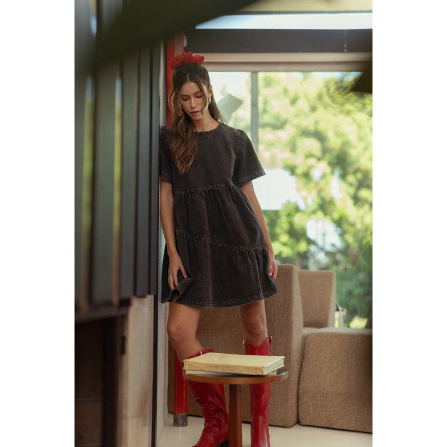Annie Wear Mineral Washed Round Neck Short Sleeve Denim Dress Black / S Apparel and Accessories