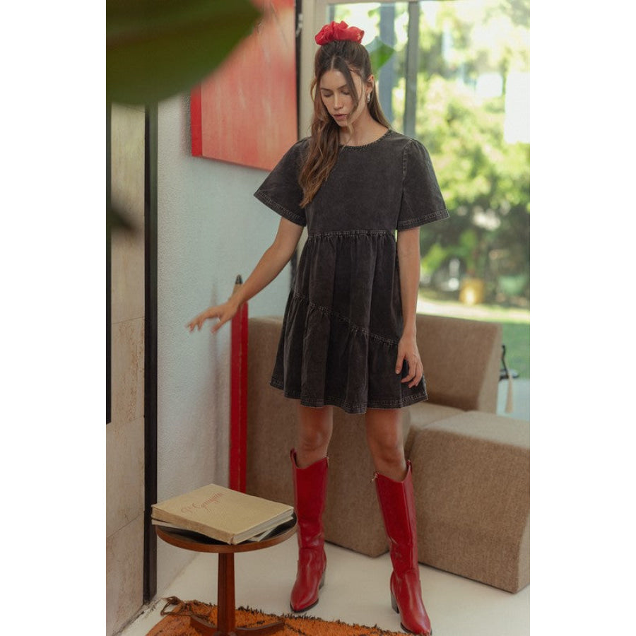 Annie Wear Mineral Washed Round Neck Short Sleeve Denim Dress Black / S Apparel and Accessories