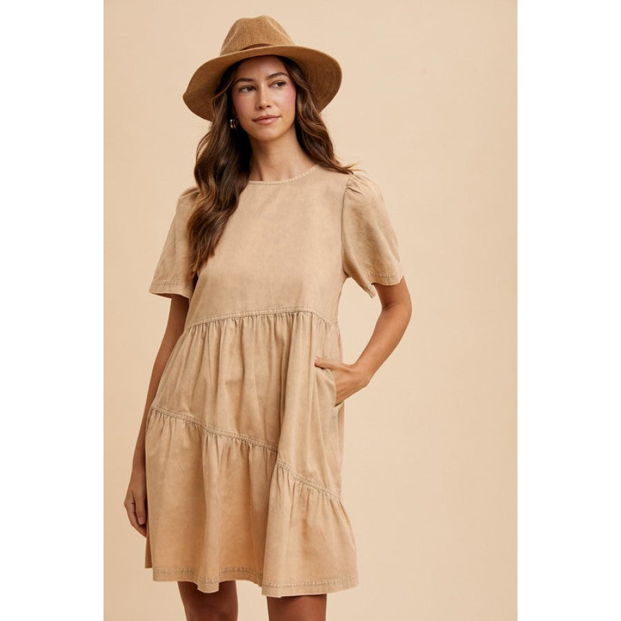 Annie Wear Mineral Washed Round Neck Short Sleeve Denim Dress Tan / S Apparel and Accessories