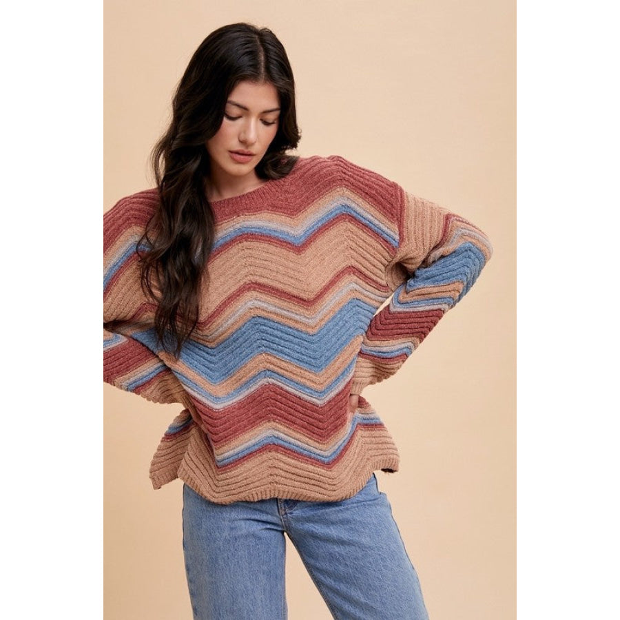 Annie Wear Multi Color Zig-Zag Round Neck Sweater Apparel and Accessories
