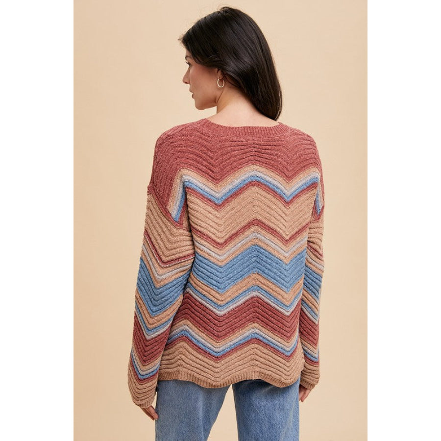 Annie Wear Multi Color Zig-Zag Round Neck Sweater Apparel and Accessories