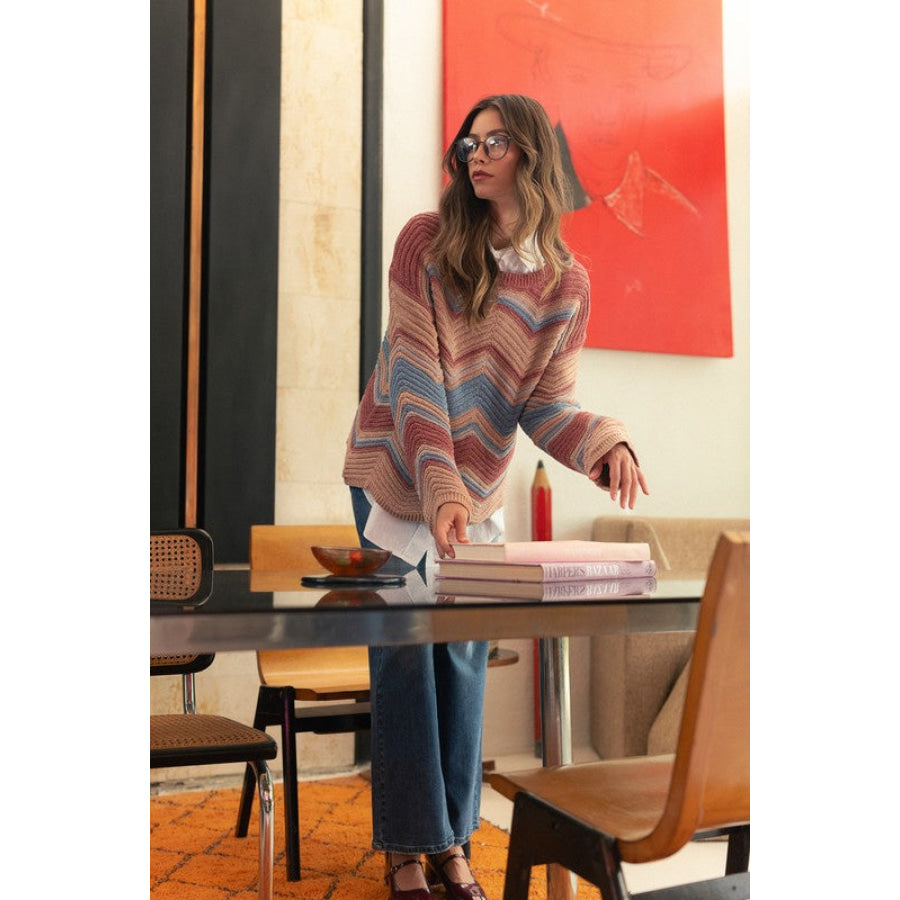 Annie Wear Multi Color Zig-Zag Round Neck Sweater Rose Multicolor / S Apparel and Accessories