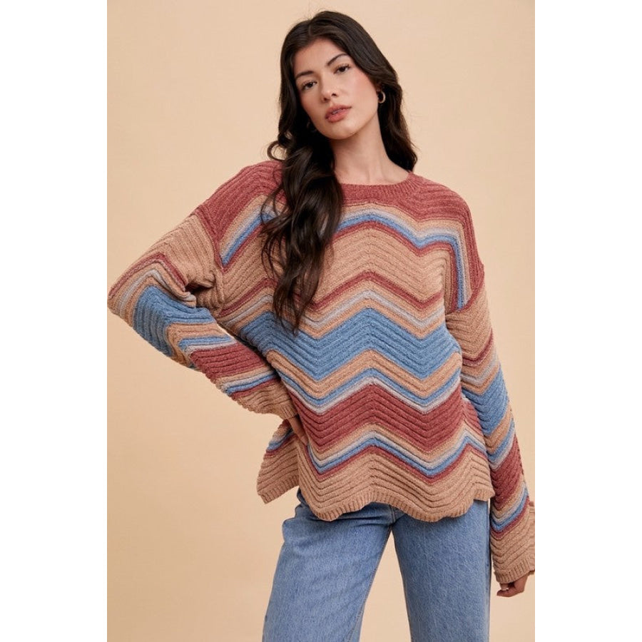 Annie Wear Multi Color Zig-Zag Round Neck Sweater Apparel and Accessories