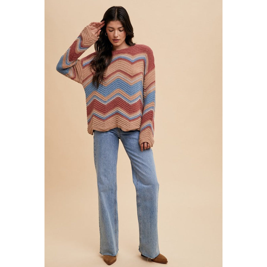 Annie Wear Multi Color Zig-Zag Round Neck Sweater Apparel and Accessories