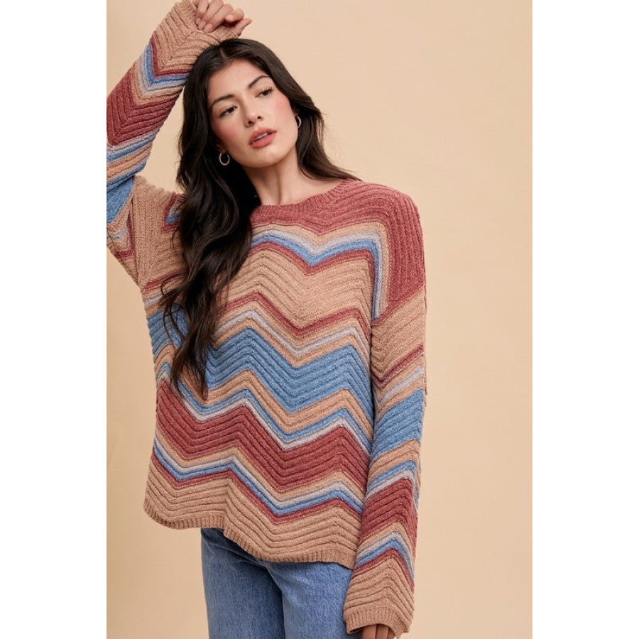 Annie Wear Multi Color Zig-Zag Round Neck Sweater Apparel and Accessories