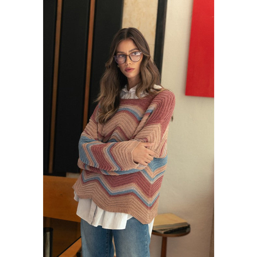 Annie Wear Multi Color Zig-Zag Round Neck Sweater Rose Multicolor / S Apparel and Accessories