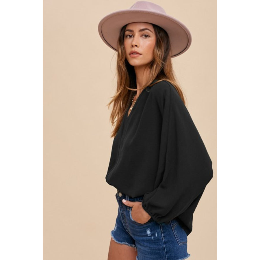 Annie Wear Notched Batwing Sleeve Blouse Black / S Apparel and Accessories