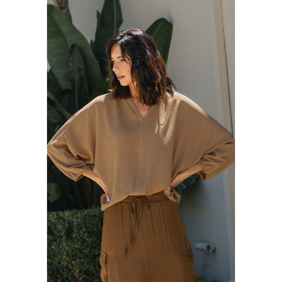 Annie Wear Notched Batwing Sleeve Blouse Camel / S Apparel and Accessories