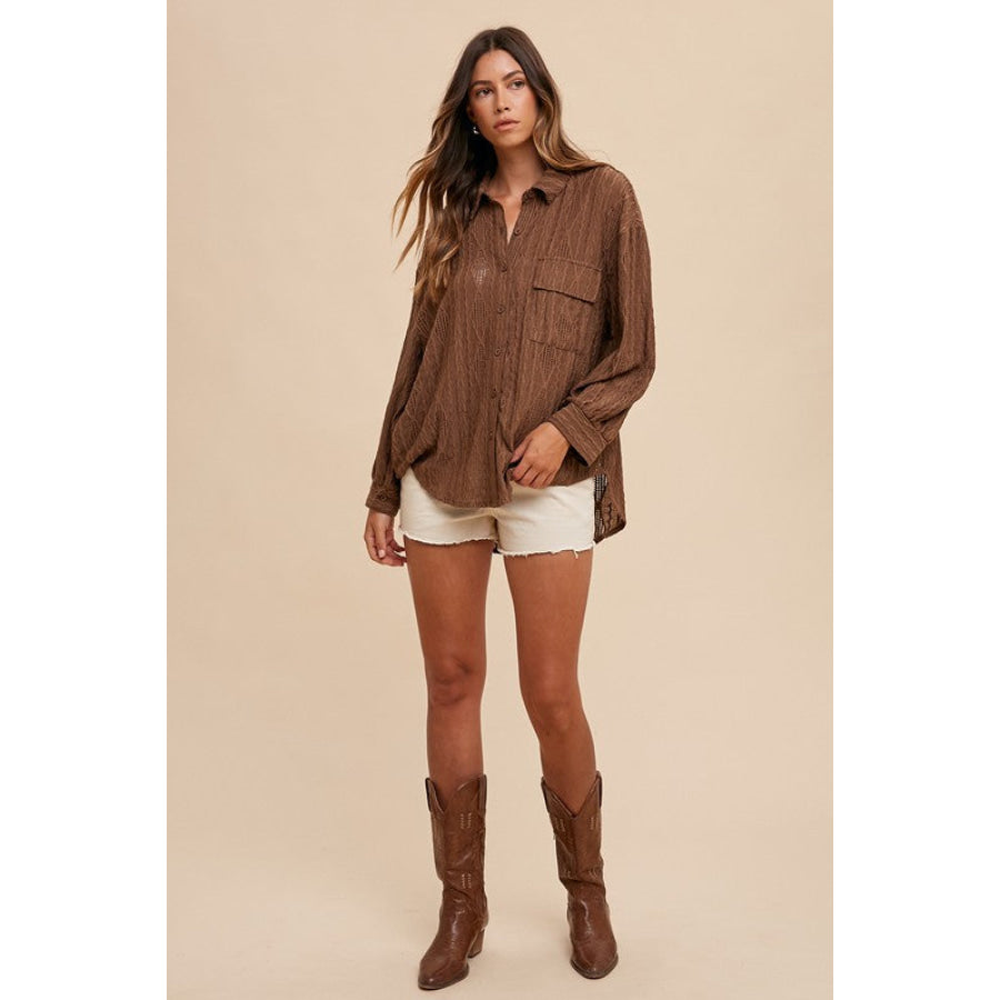 Annie Wear Openwork Button Down Drop Shoulder Shirt Apparel and Accessories