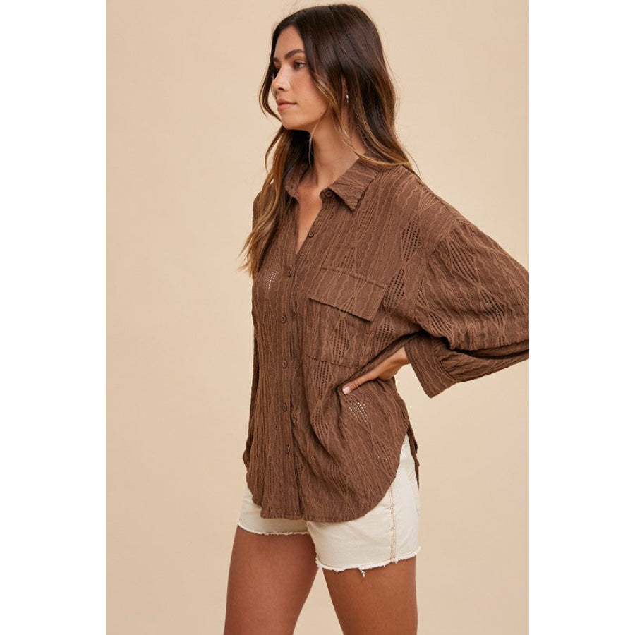 Annie Wear Openwork Button Down Drop Shoulder Shirt Apparel and Accessories