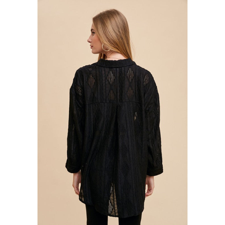 Annie Wear Openwork Button Down Drop Shoulder Shirt Apparel and Accessories