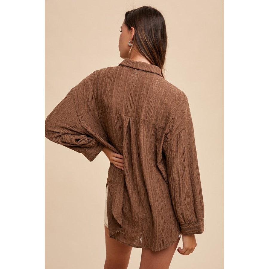 Annie Wear Openwork Button Down Drop Shoulder Shirt Apparel and Accessories