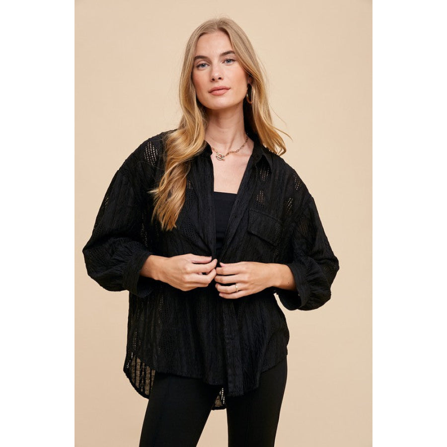 Annie Wear Openwork Button Down Drop Shoulder Shirt Apparel and Accessories