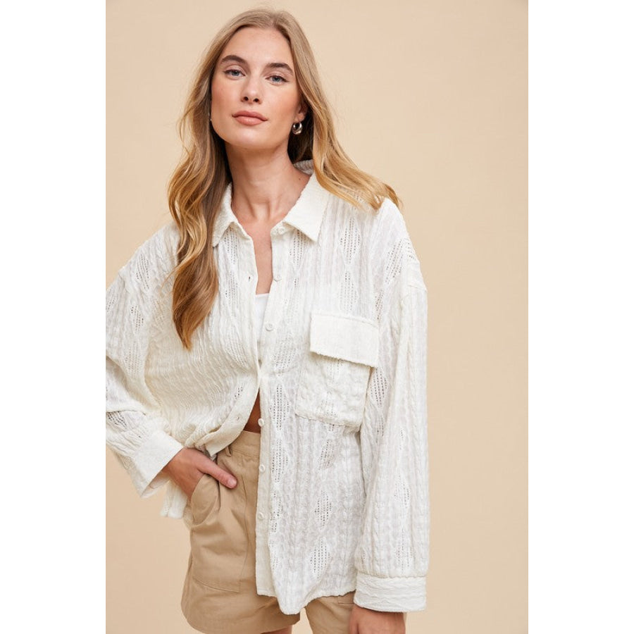 Annie Wear Openwork Button Down Drop Shoulder Shirt Apparel and Accessories