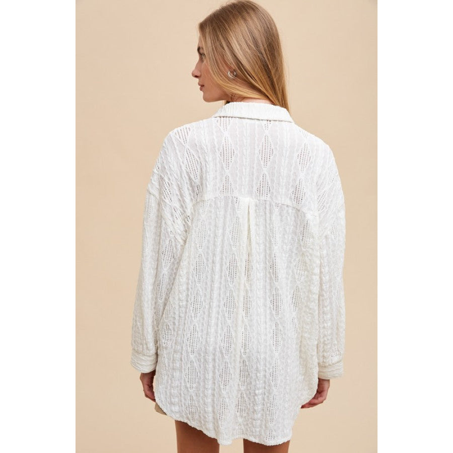 Annie Wear Openwork Button Down Drop Shoulder Shirt Apparel and Accessories