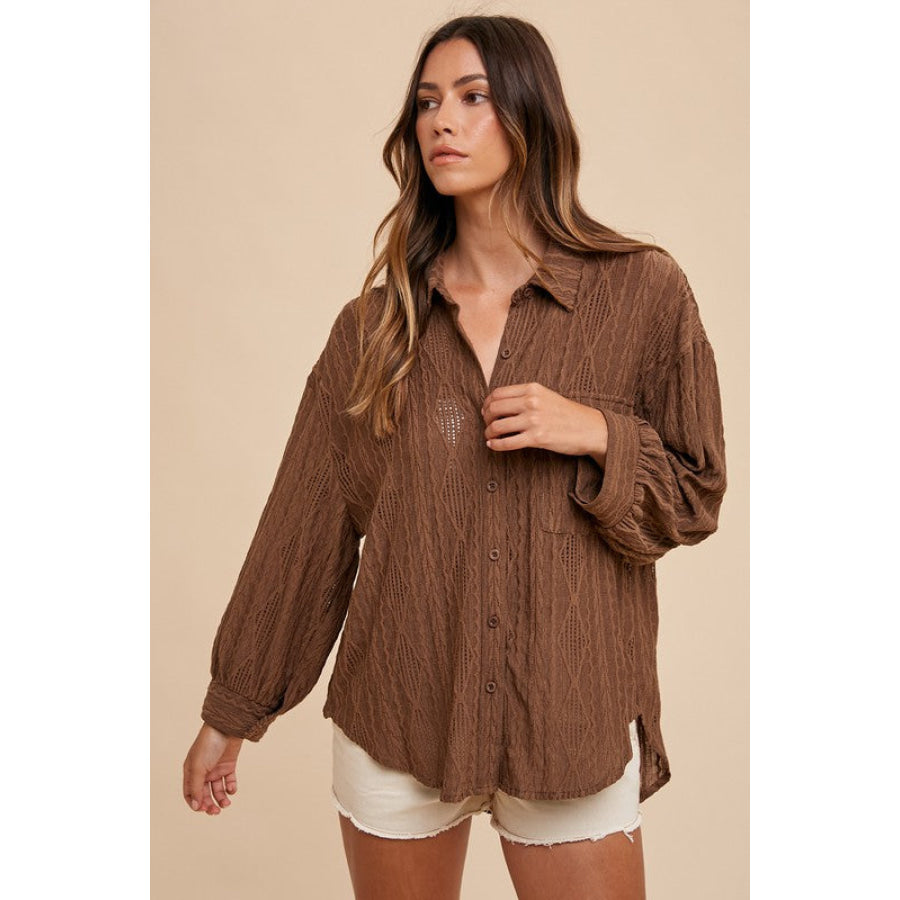 Annie Wear Openwork Button Down Drop Shoulder Shirt Apparel and Accessories