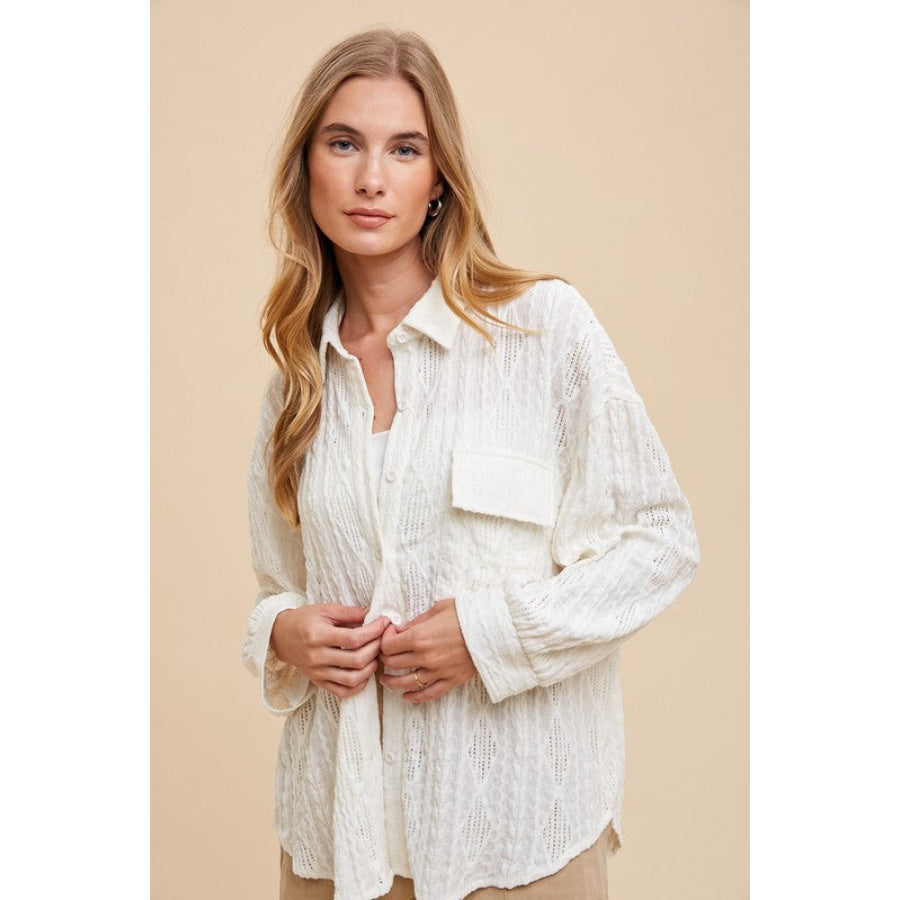 Annie Wear Openwork Button Down Drop Shoulder Shirt Apparel and Accessories